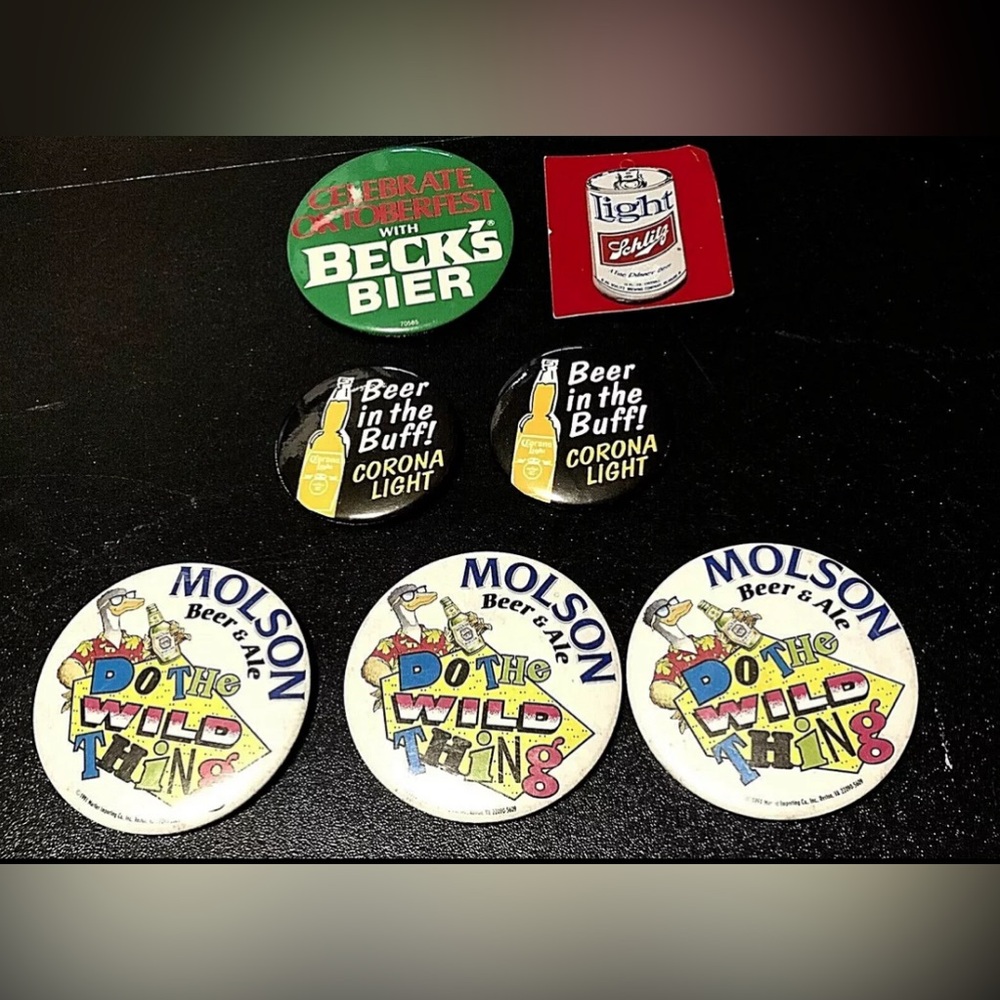 Vintage Beverage Pinback Buttons Molson Schlitz Corona Becks Lot of 7